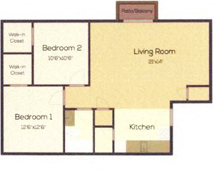 The Grand floor plan The Grand-Large 2 bedroom one bathroom floor plan at South View Apartments in Ames IA